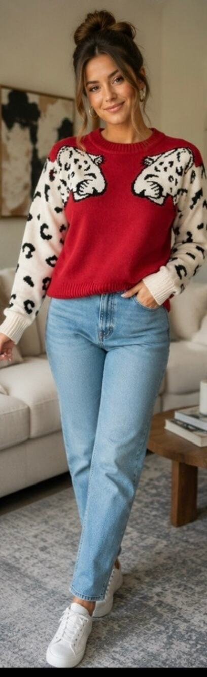 Red Tiger Leopard Graphic Sweater Small Statement Novelty Knit